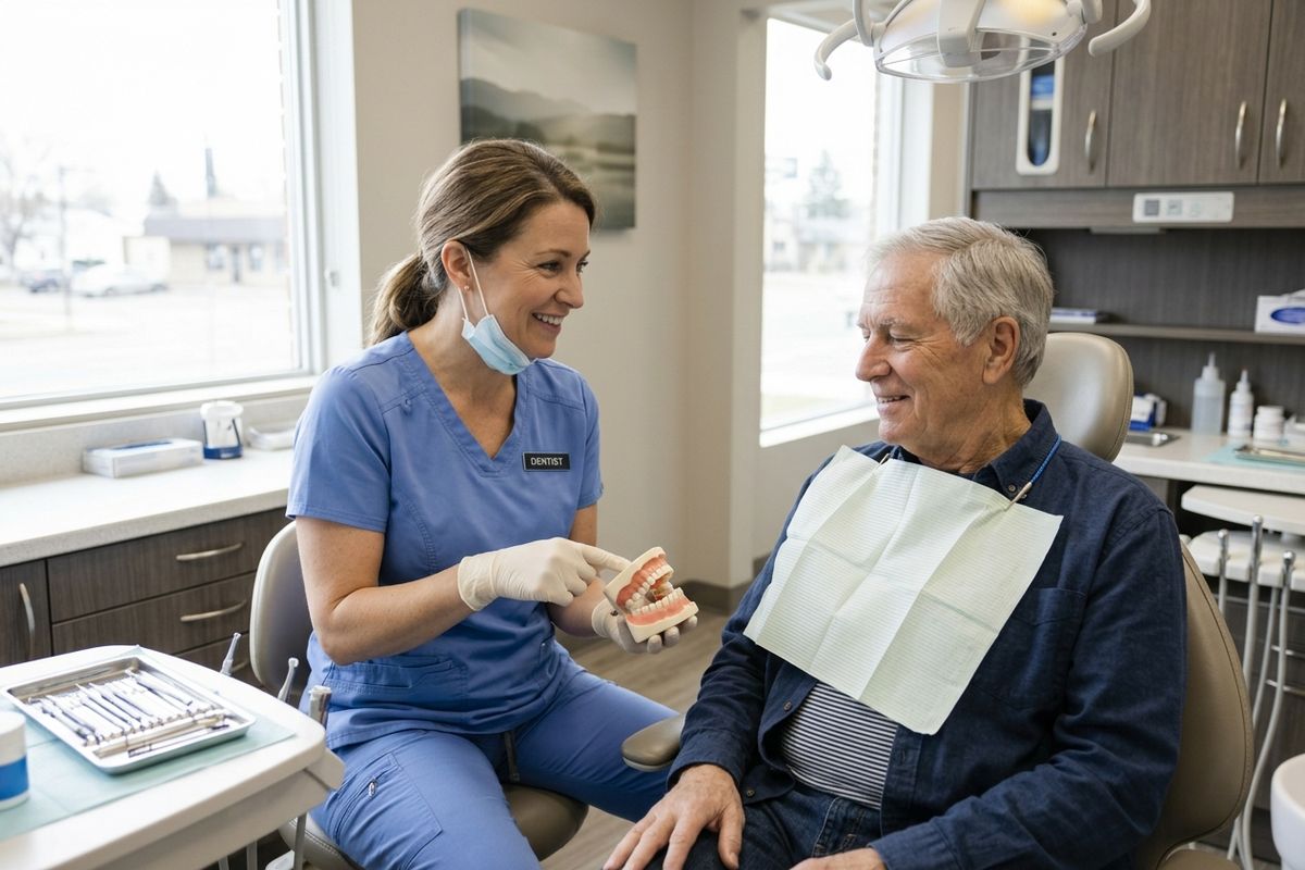 A dentist is consulting with the senior patient