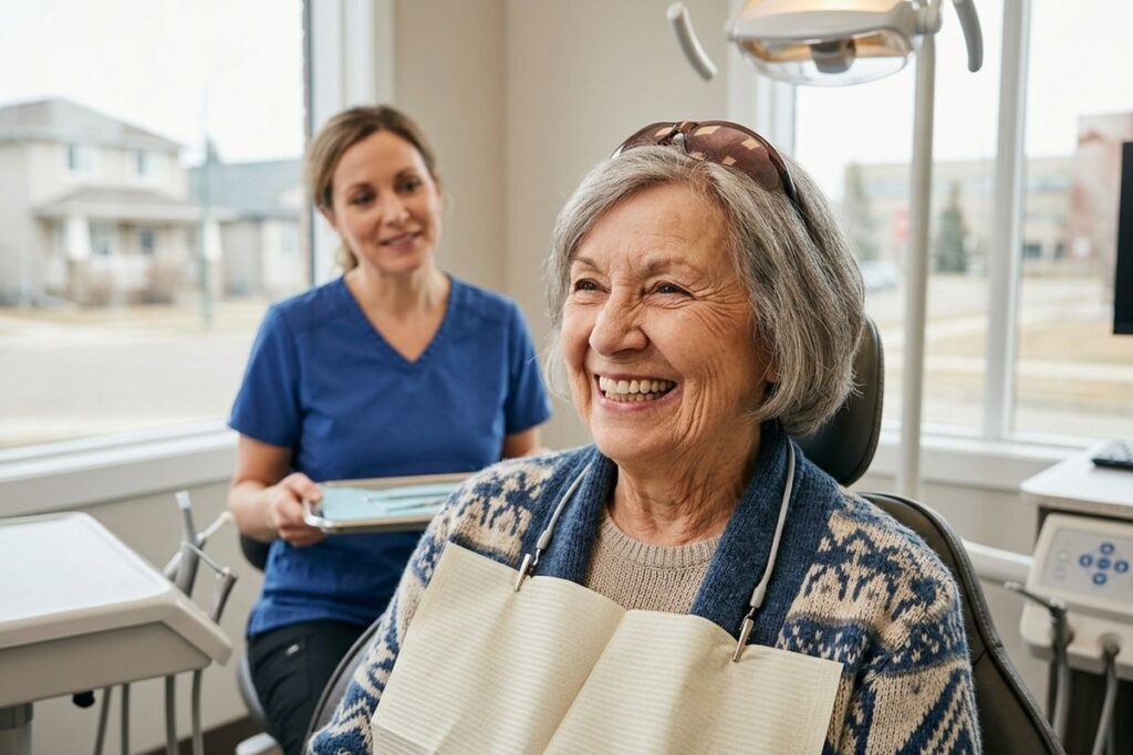 Smiling senior adult showing teeth, representing confident oral health and a bright smile.