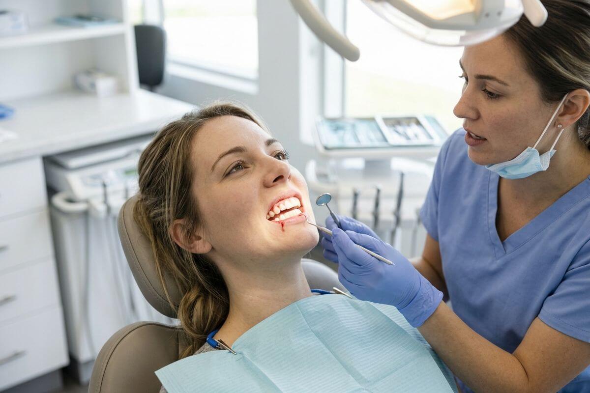 Person touching bleeding gums with fingertip, illustrating common signs of gum disease requiring dental attention.