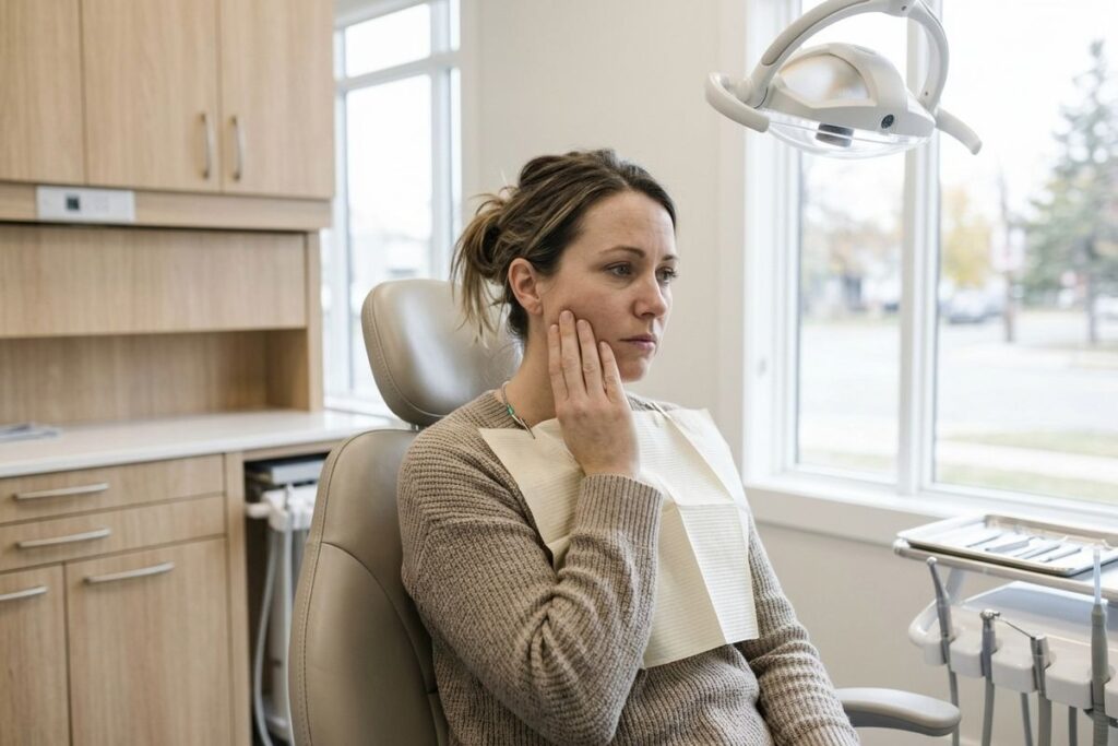 A person holding their jaw in discomfort, suggesting tooth pain or dental sensitivity.