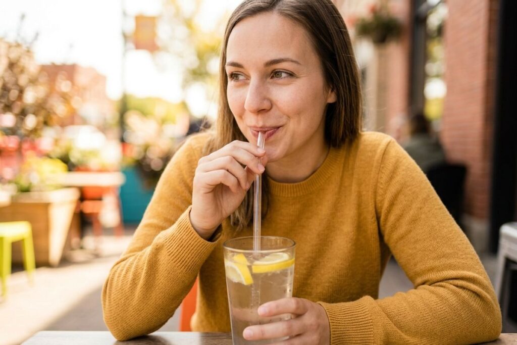 Person sipping a drink through a straw to protect teeth after dental treatment