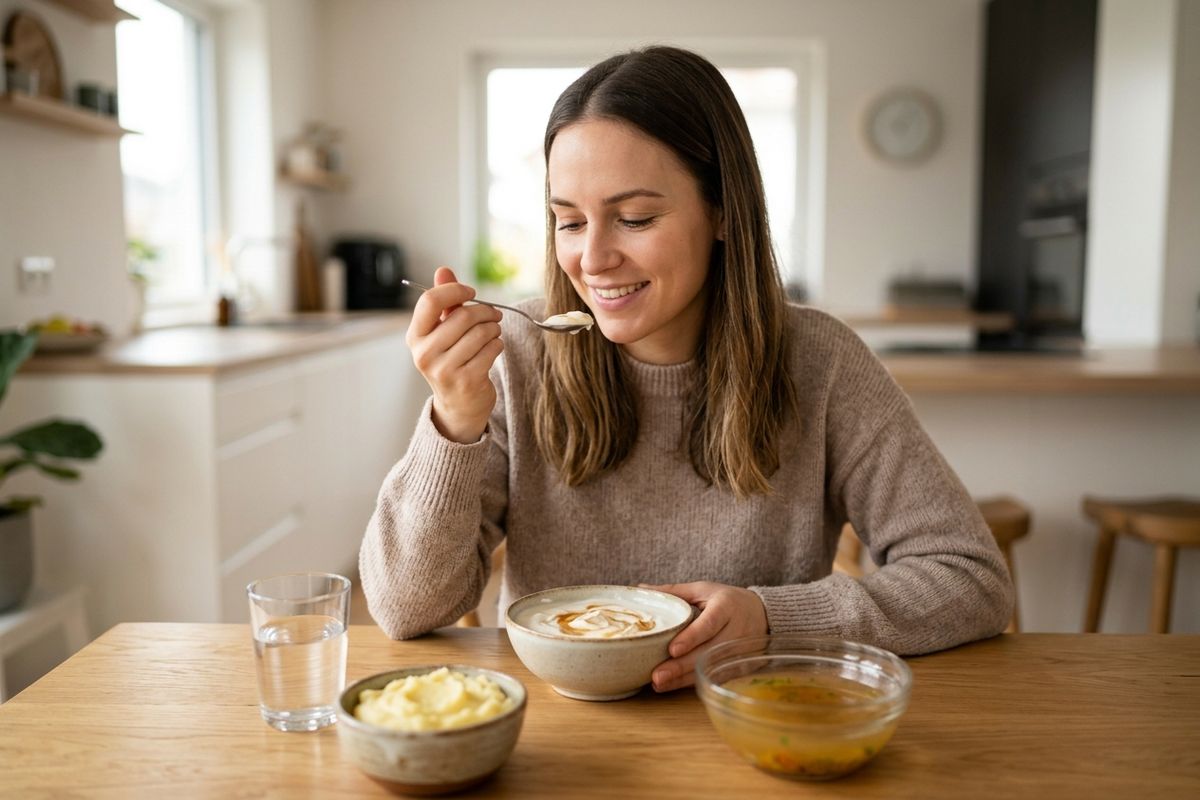 Soft foods including yogurt, mashed potatoes, and warm broth arranged on a table for post-dental recovery eating.