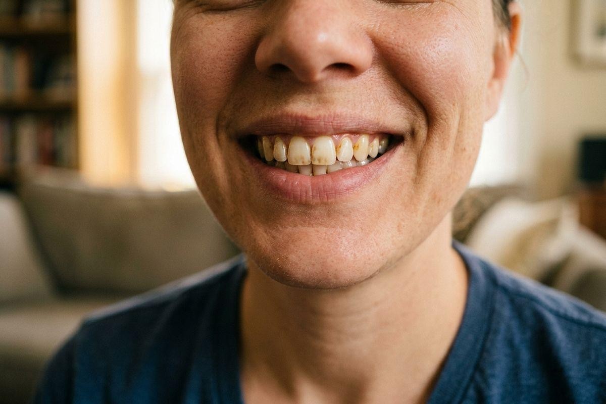 Close-up of a smiling person's lower face showing teeth with staining near the gumline, indoors.
