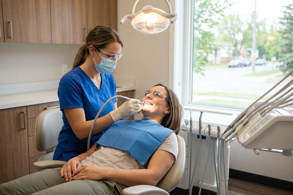 Dental hygienist in blue scrubs treats a smiling patient reclined in a dental chair by a window.